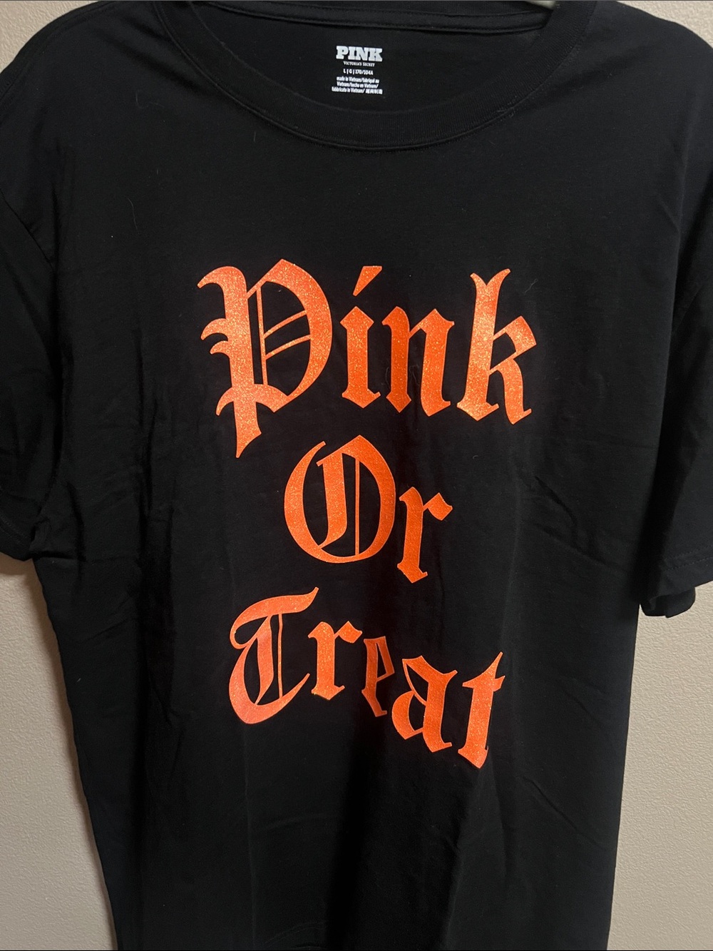 PINK Victoria's Secret Black Tee with Orange 'Pink Or Treat' Graphic